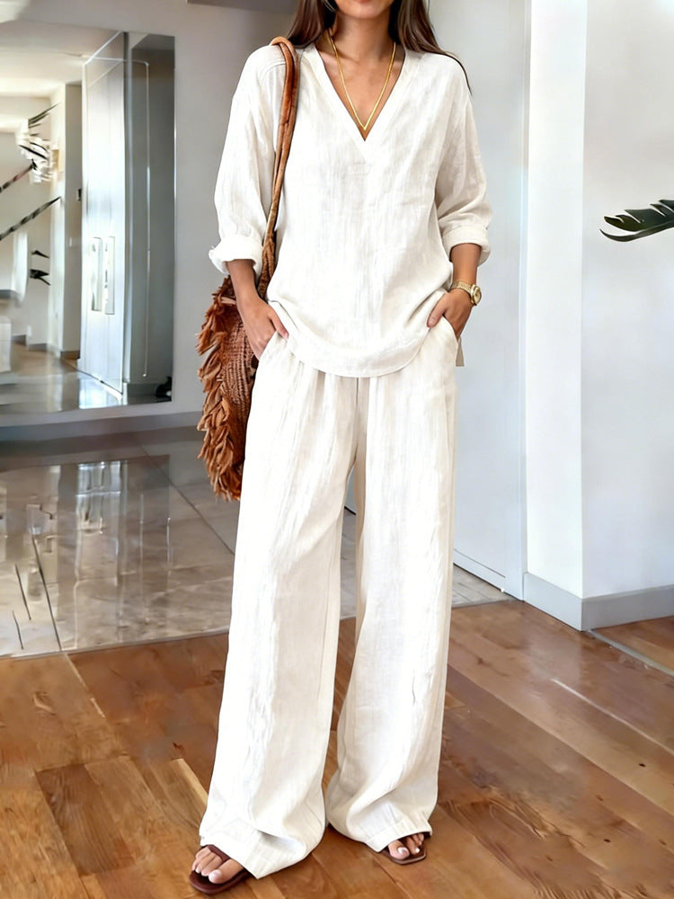 Women's V-Neck Linen Wide-Leg Two-Piece Set