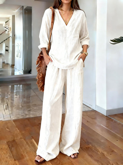 Women's V-Neck Linen Wide-Leg Two-Piece Set