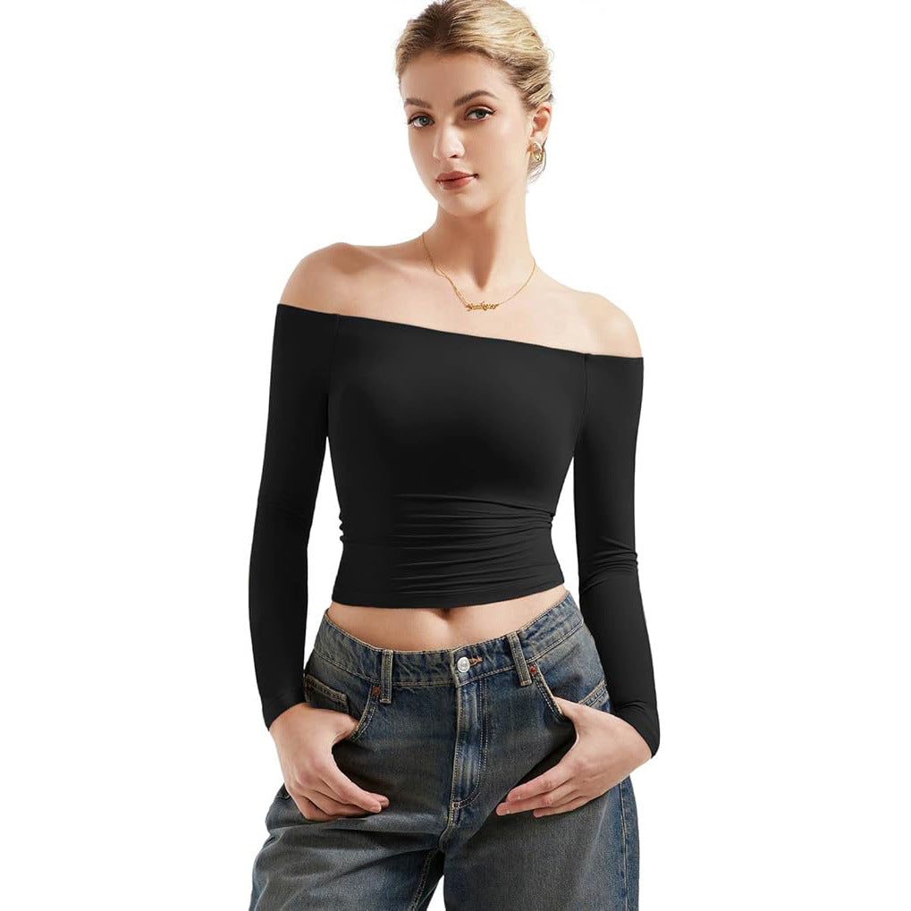 Women's Off-Shoulder Long Sleeve Crop Top Slim Fit Pullover