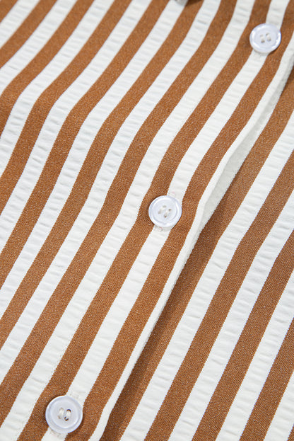 Bruin gestreepte blouse-jurk met ruches aan de zoom kraag en lange mouwen