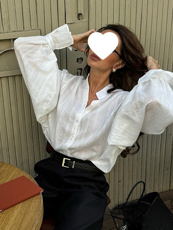 Womens Lantern Sleeve Stand Collar Blouse