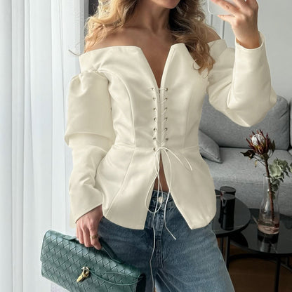 One-Shoulder Lace-Up Long Sleeve Top
