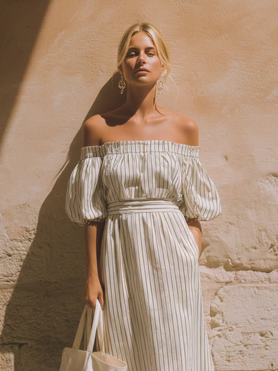 Off-Shoulder Flutter Sleeve Striped Dress