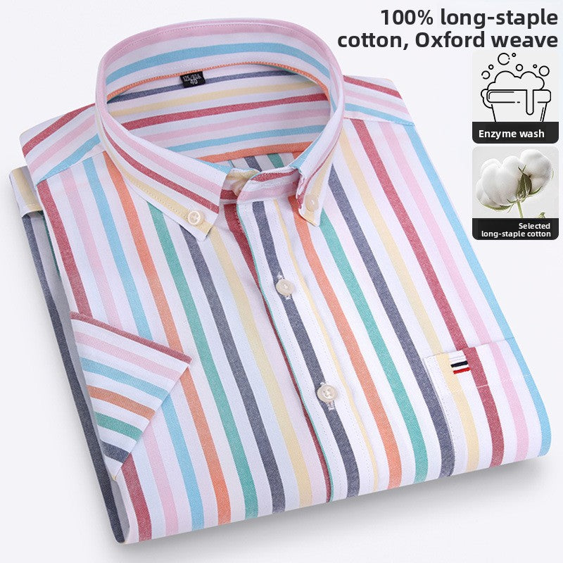 Men's 100% Cotton Plaid Short Sleeve Shirt Oxford Casual Square Collar