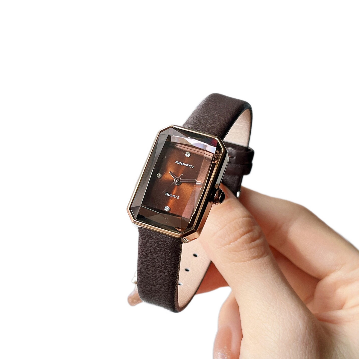 Luxury Rectangular Diamond-Studded Leather Strap Quartz Watch for Women