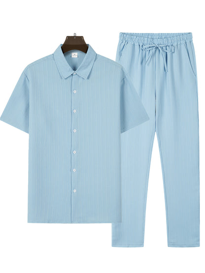 Men's Striped Short-Sleeve Shirt and Drawstring Pants Set