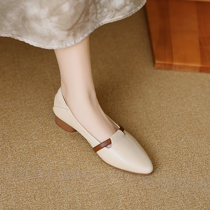 Women Soft Leather Pointed Toe Low Heel Mary Jane Shoes