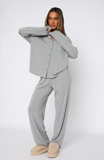 Women Modal Lapel Collar Long Sleeve Sleepwear Set