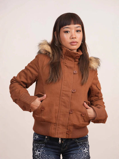 Womens Hooded Short Jacket with Detachable Fur Collar