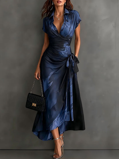 Elegant printed short-sleeved lace-up dress
