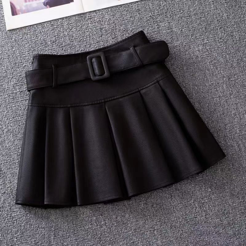Womens High Waist Pleated PU Skirt