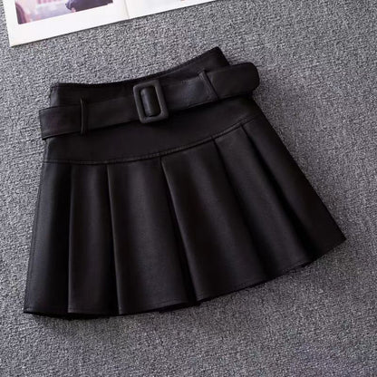 Womens High Waist Pleated PU Skirt