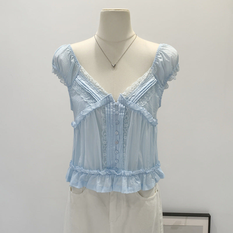 Chic Lace V-Neck Chiffon Short-Sleeve T-Shirt