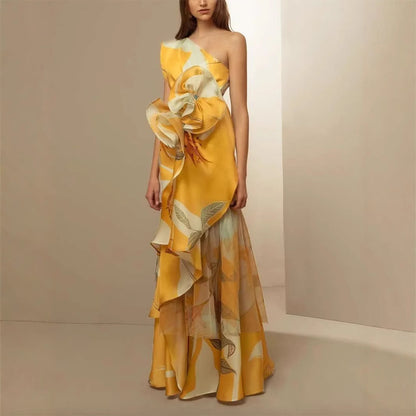 French Retro Printed Oblique Shoulder Dress