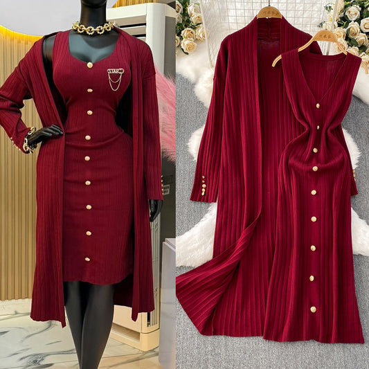 Elegant Knitted Shawl Jacket and Vest Dress Suit