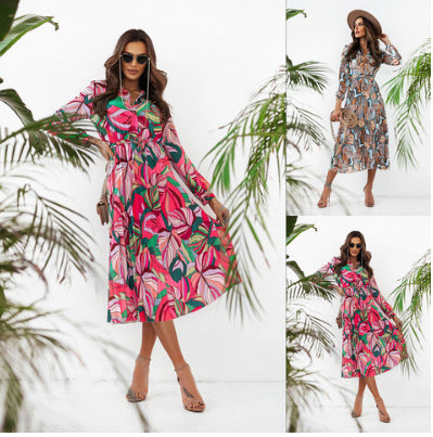 V-Neck Lange Mouw Geplooide Jurk met Strik En Gerimpelde Taille