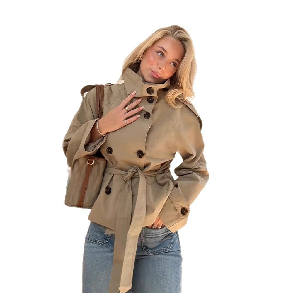 Retro Lapel Double-Breasted Lace-Up Long Sleeve Windbreaker Jacket