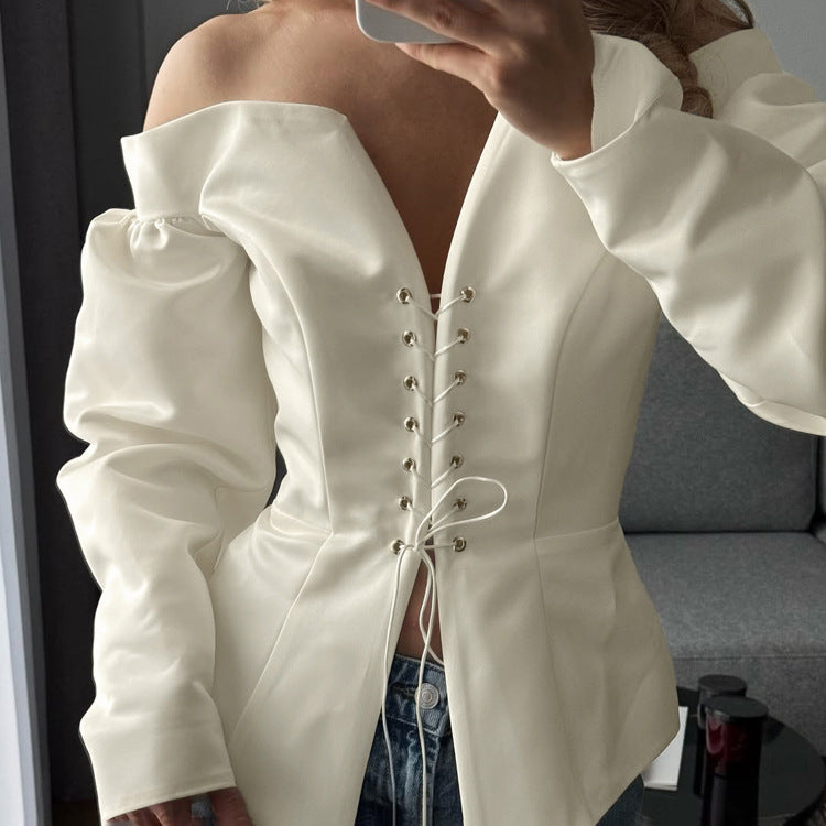 One-Shoulder Lace-Up Long Sleeve Top