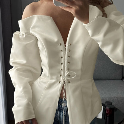 One-Shoulder Lace-Up Long Sleeve Top