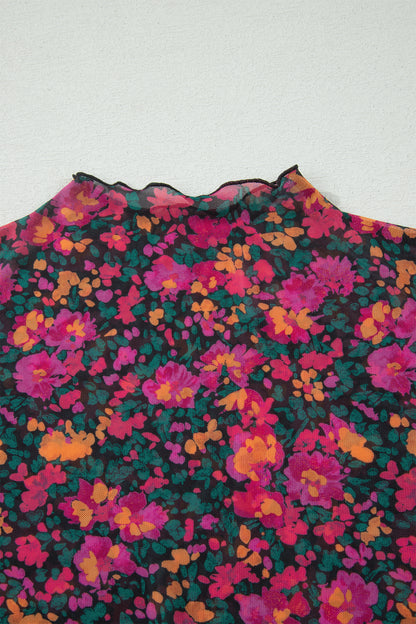 Roze Plus Size Bloemen Mesh Top met Korte Mouwen en Hoge Hals
