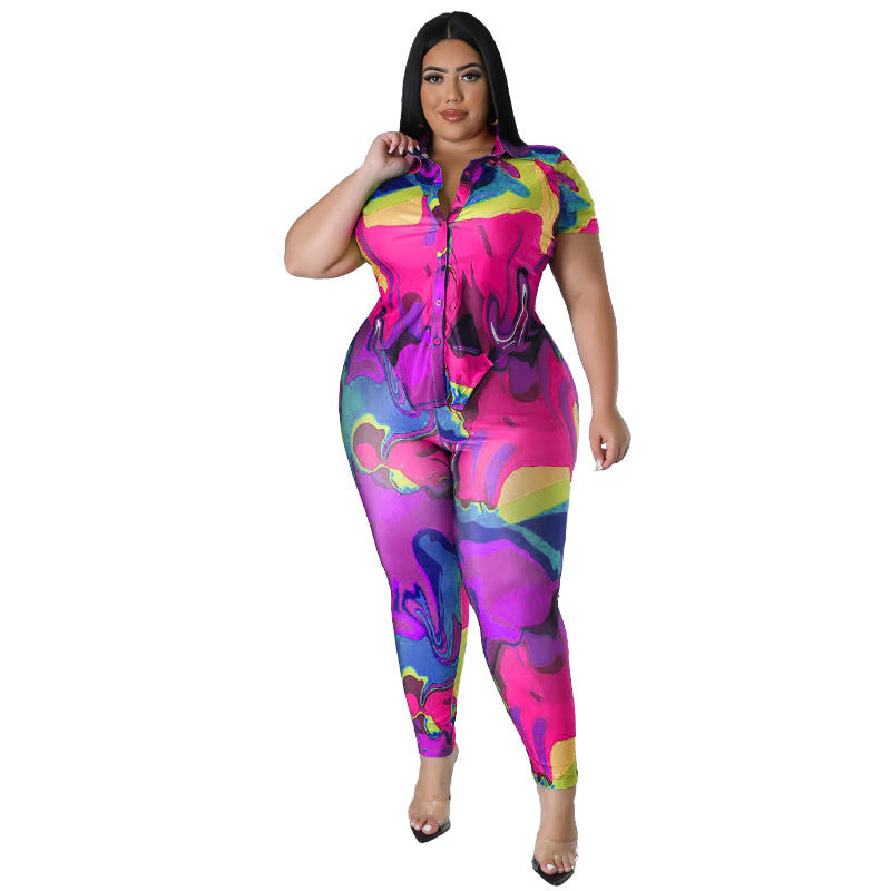 Plus Size Dames Bedrukte Zomerbroek met Korte Mouwen Blouse
