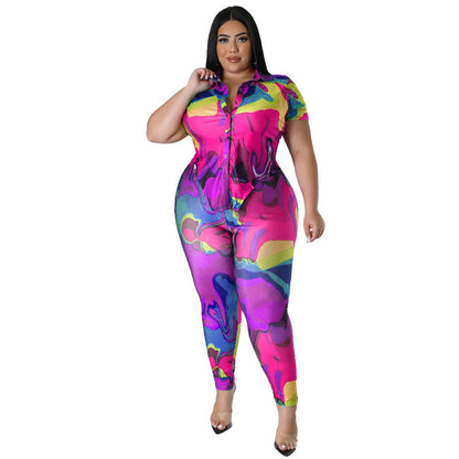 Plus Size Dames Bedrukte Zomerbroek met Korte Mouwen Blouse