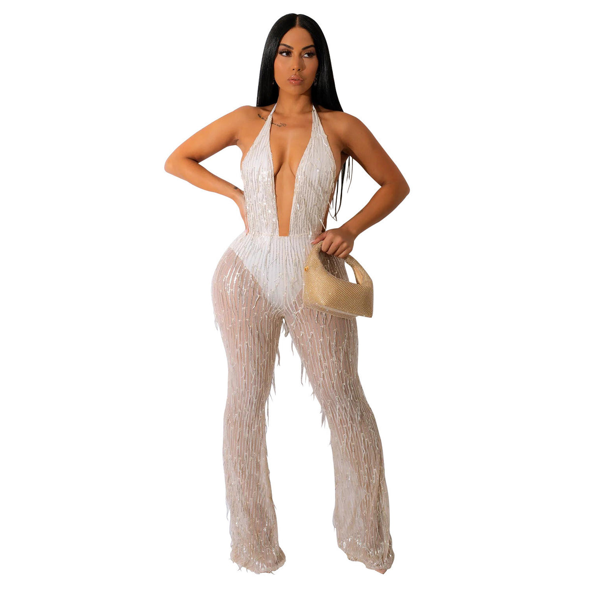 Mesh Transparent Sleeveless Long Pants Jumpsuit