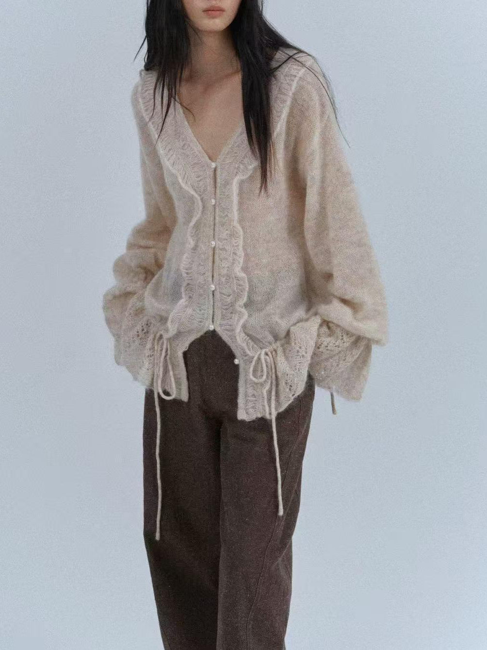 Oversized Mohair Wool Blend Cardigan Sweater with Pearl Buttons