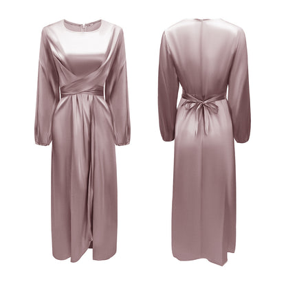 Elegant Satin Tie-Waist Long Dress