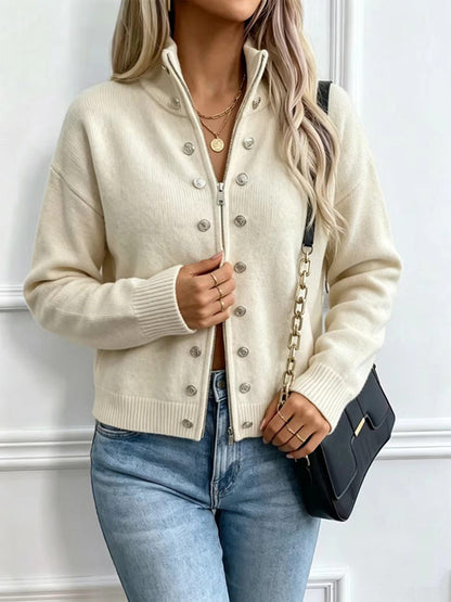 button-decorated knitted zipper cardigan sweater coat