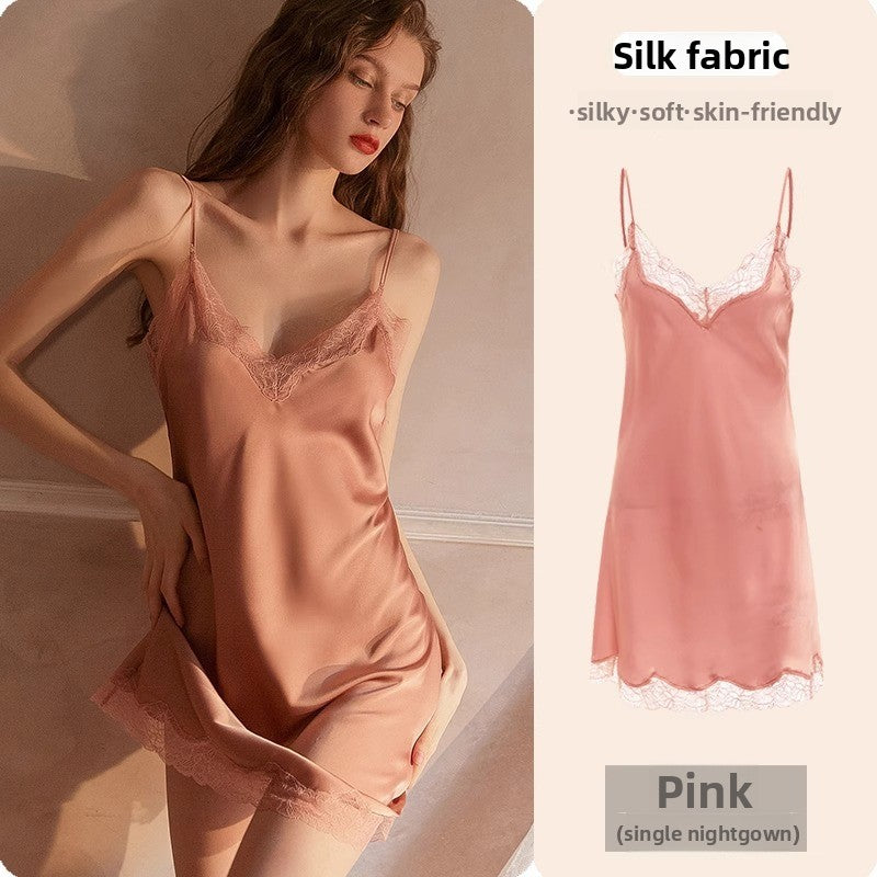 Lace Trim Ice Silk Womens Sleepwear Nightdress