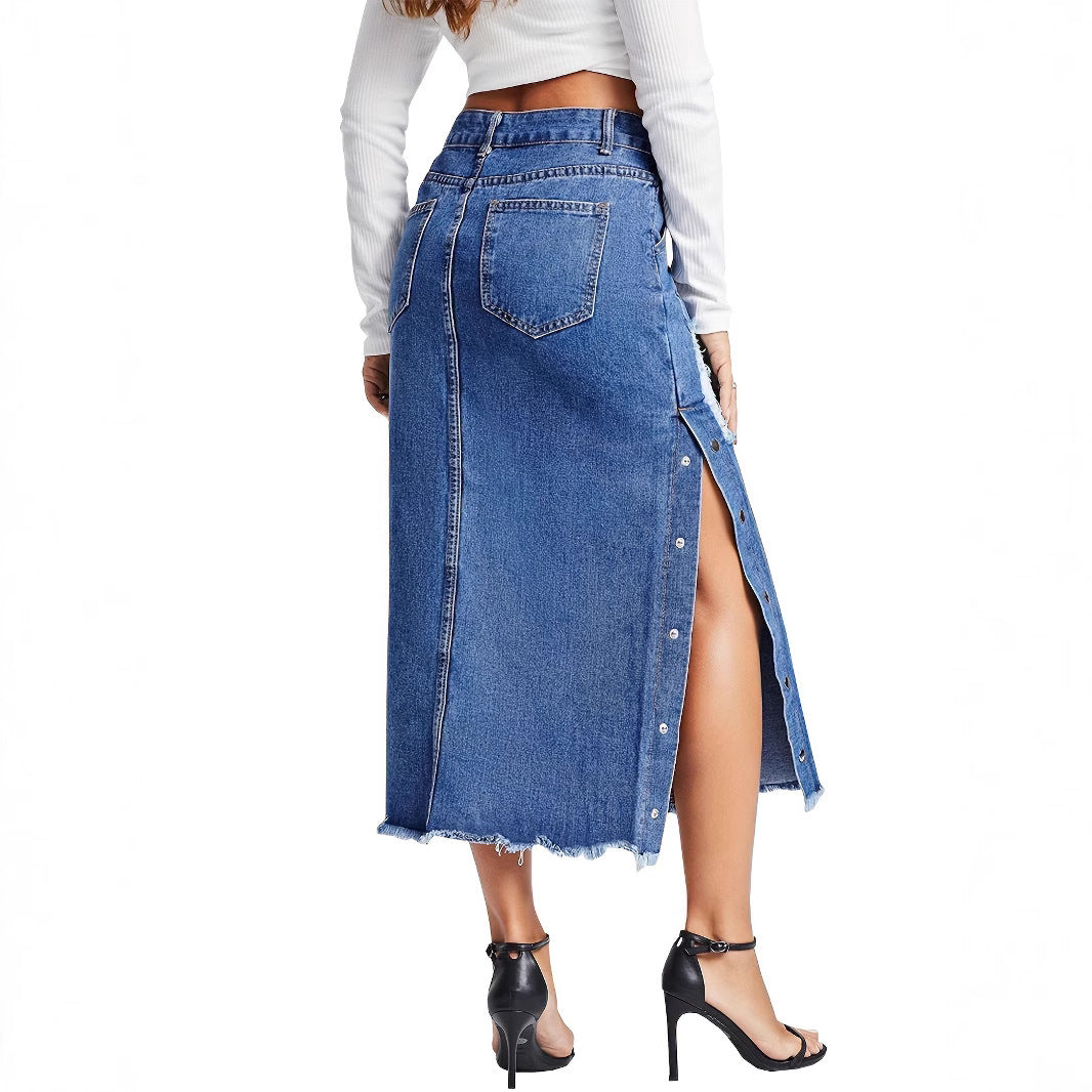 Amerikaanse dames split met knopen gescheurde denim rok