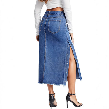 Amerikaanse dames split met knopen gescheurde denim rok
