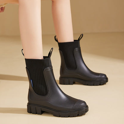 Women's Mid-Calf Waterproof PVC Non-Slip Rain Boots with Elastic Top