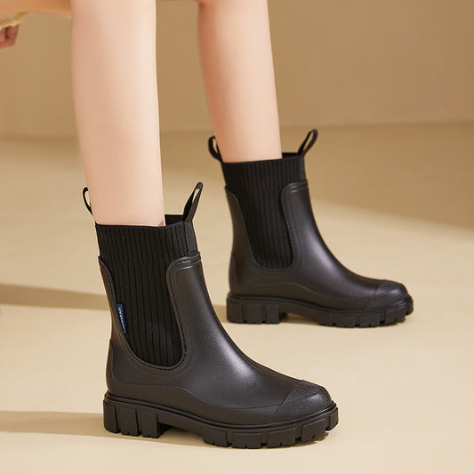 Women's Mid-Calf Waterproof PVC Non-Slip Rain Boots with Elastic Top