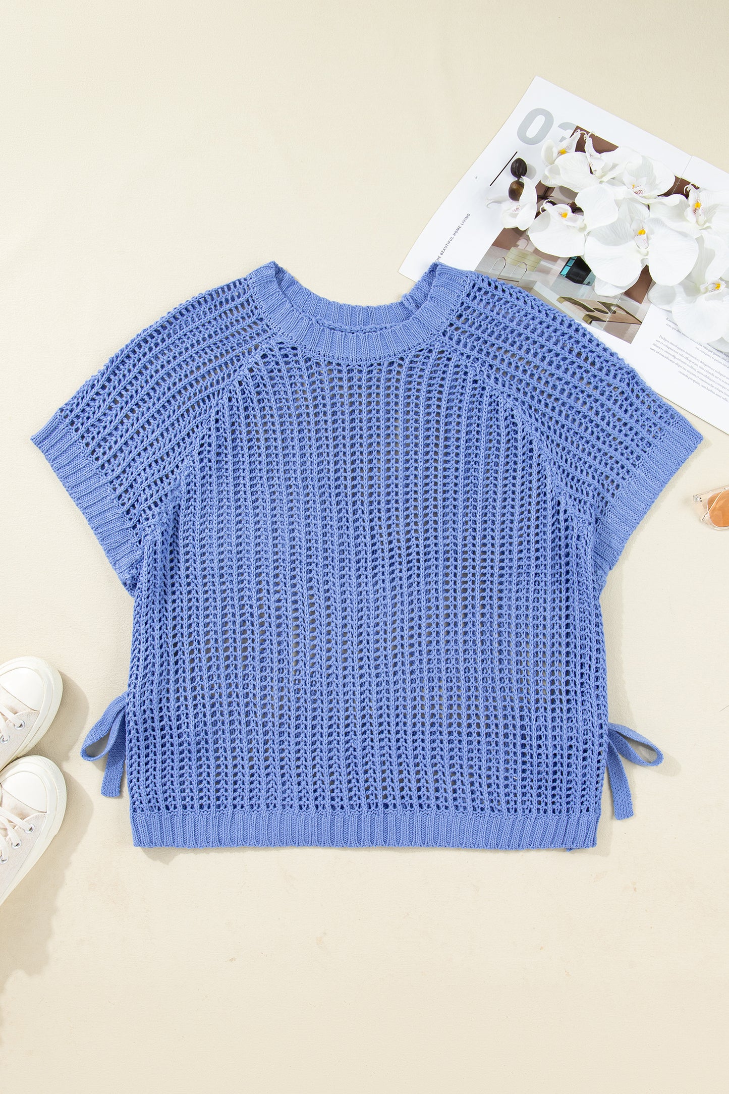 Plus size open gebreide trui met strik en korte mouwen