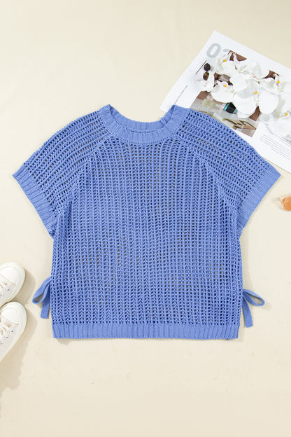 Plus size open gebreide trui met strik en korte mouwen