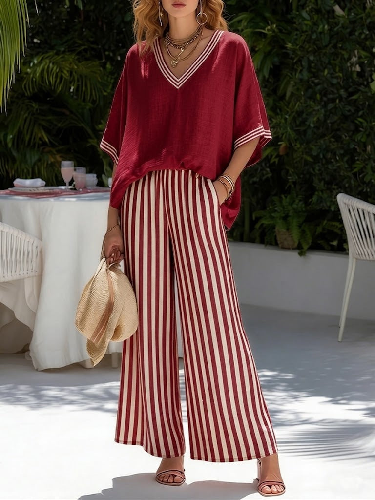 Linen-Cotton Set: Loose V-Neck Short-Sleeve Top and Striped Wide-Leg Pants