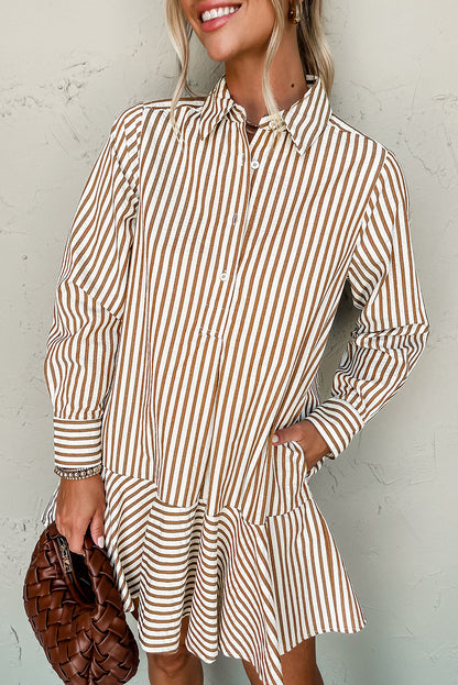 Bruin gestreepte blouse-jurk met ruches aan de zoom kraag en lange mouwen