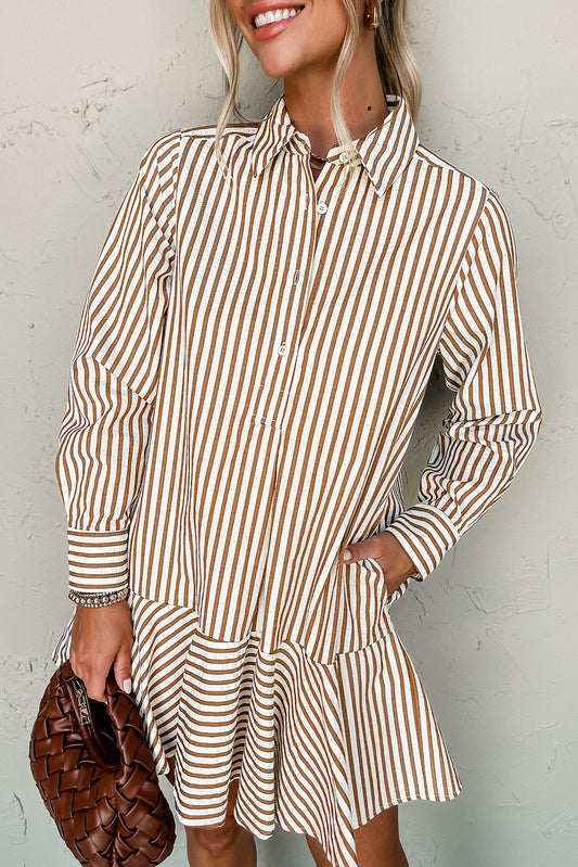 Bruin gestreepte blouse-jurk met ruches aan de zoom kraag en lange mouwen