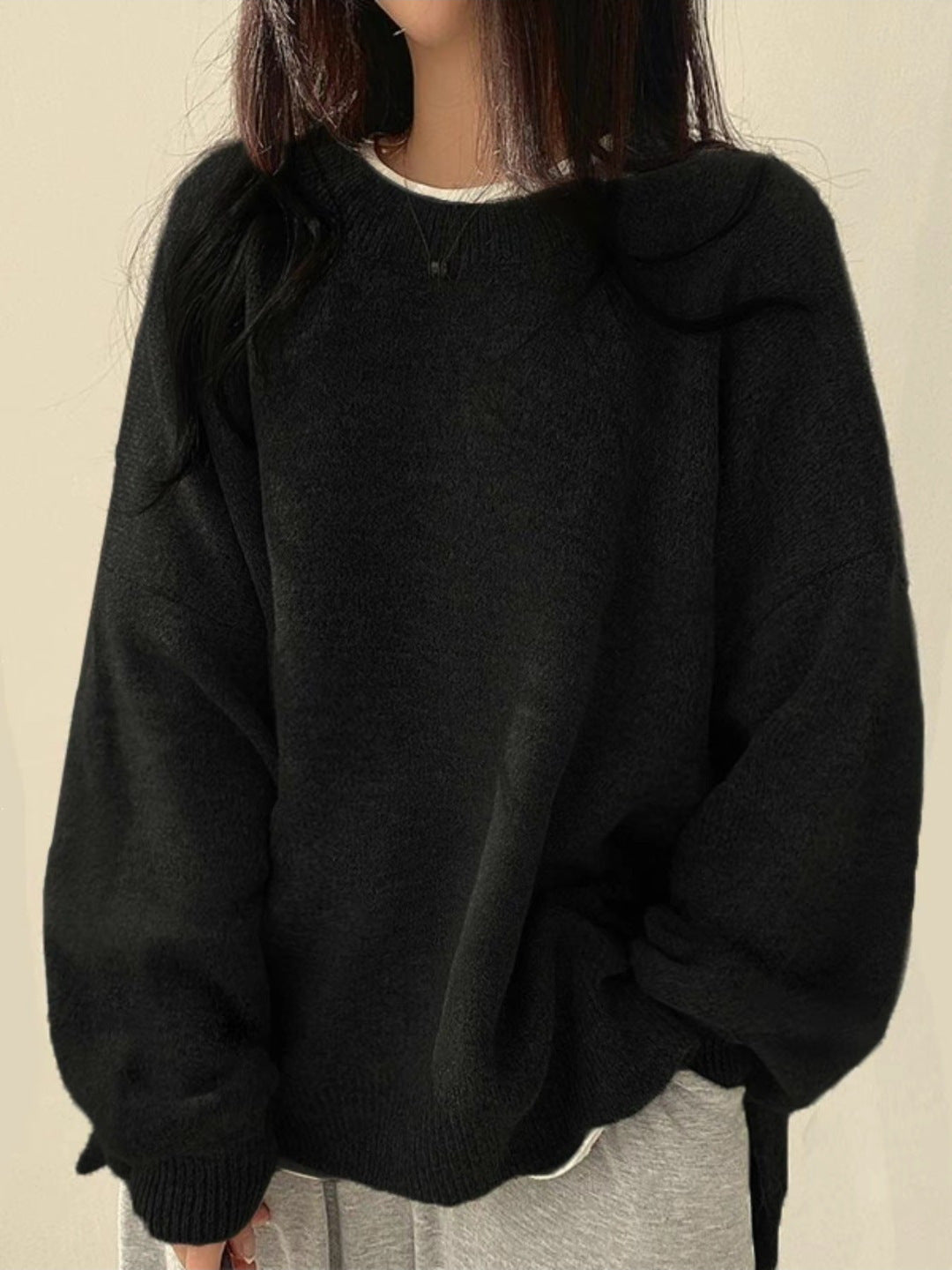Casual Versatile Solid Color Slit Pullover Loose Long-Sleeve Women's Sweater