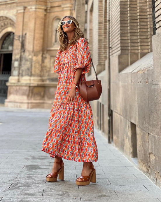 Geometric Print Puff Sleeve V-Neck Long Dress