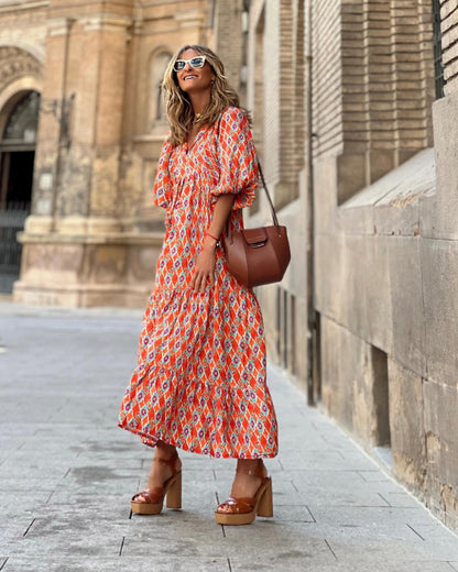 Geometric Print Puff Sleeve V-Neck Long Dress