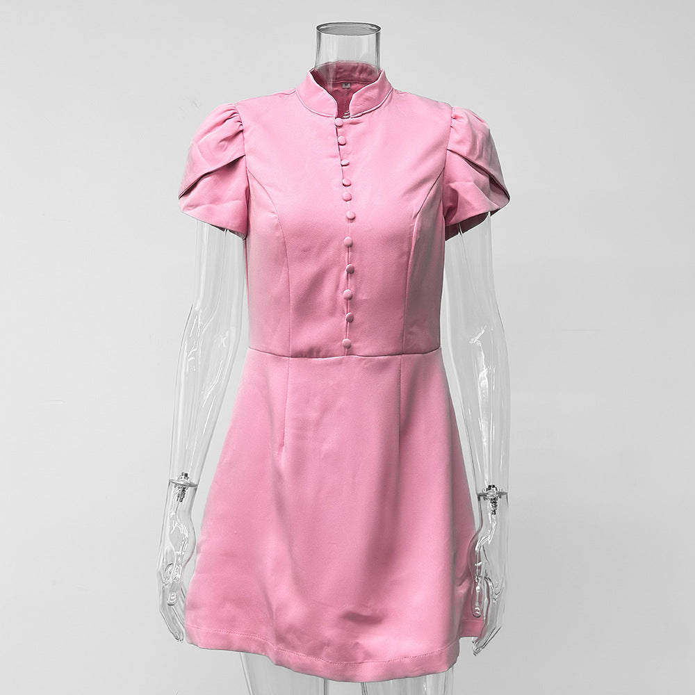 Women's Elegant Puff Sleeve Waist-Cinching Slim-Fit Short Dress