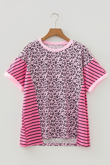 Roze T-shirt met luipaardprint en strepen in contrasterende patchwork-look plus size