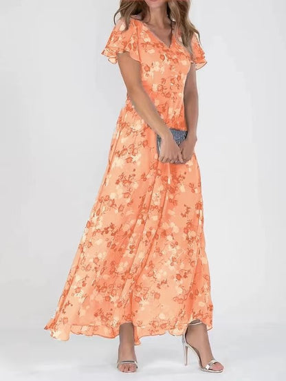Womens Floral Print Chiffon V Neck Ruffled Swing Dress Short Sleeve Midi Beach Long Dress