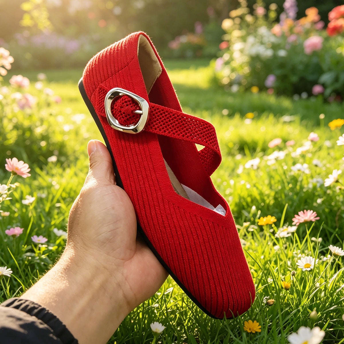 Mary Jane Flat Shoes Square Toe Buckle Strap