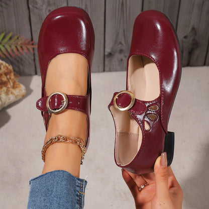 Retro round-toe leather low-heeled soft-soled Mary Jane shoes