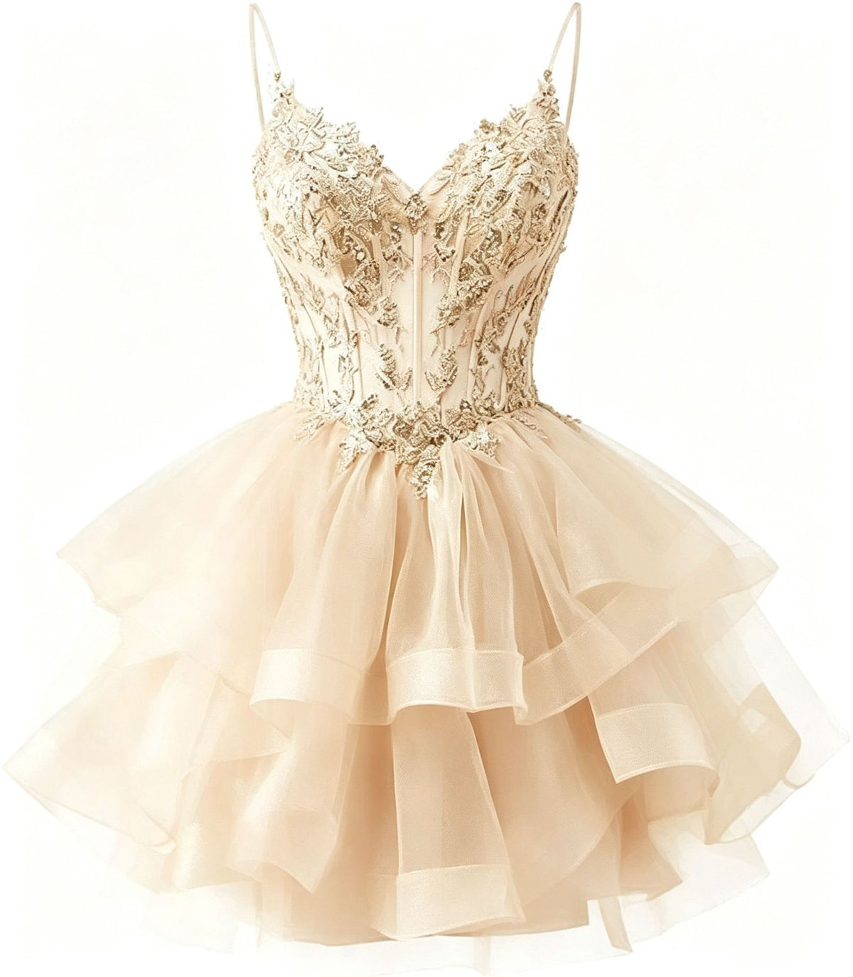 Spaghetti Strap Beaded Sequined Puffy Evening Dress