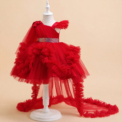 Girls Tulle Princess Dress with Irregular Train and Bow Detail Birthday Party Dress